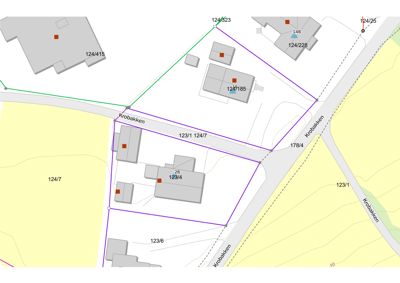 Situasjonsplan som viser eiendomsinndeling, bygningers plassering og vegnett i området Krobakken.