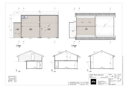 Fasadetegning som viser bygningens utseende fra fire ulike vinkler (A, B, C og D) med mål og detaljer.