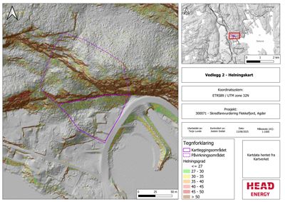 Helningskart (skredfarevurdering) for et område i Flekkefjord, Agder. Kartet viser terrengform, helningsgrader og kartleggingsområder.