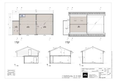 Fasadetegning som viser bygningens utseende fra fire ulike vinkler (A, B, C og D) med mål og detaljer.