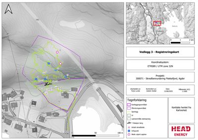 Registreringskart (situasjonskart) som viser et kartleggingsområde med sporlogg, infopunkter og blokkert utbyggingsområde i Flekkefjord, Agder.
