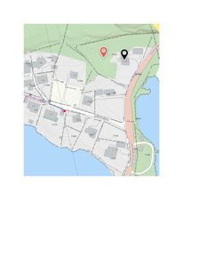 Kart med topografiske linjer, vei (Grendragsveien), vann og to markerte punkter (pin-markører).