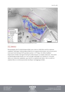 Kart over snøskredmodellering (Rockyfor3D) for et kartleggingsområde, med fargekoding for sannsynlighet for skred og overlappende arealer for nybygg og terrasser.