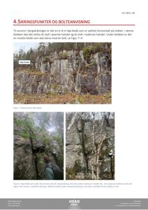 Fotografier av en bergskråning med markerte sikringspunkter og bolteanvisninger.