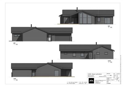 Fasadetegning som viser bygningens utseende fra fire sider (nord, øst, sør, vest) med målstørrelse 1:100.