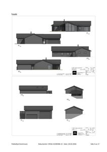 Fasadetegning som viser bygningens utseende fra fire ulike vinkler (øst, vest, nord, sør) med skala 1:100.