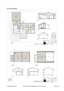Bildet viser en tegning med etasjeplaner (1. etasje og 2. etasje) og tilhørende snittegninger for en bygning.