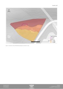 Situasjonsplan som viser faresoner (rosa og gult) rundt en tomt med eksisterende bygninger og en planlagt garasje.
