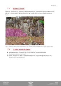 Fotografi av et bergskred eller en steinvegg med markerte områder for rensing og sikring.