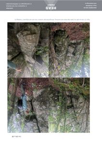 Fotografier av en stor, høy blokk med overheng i en skog. Bildet viser en person som sammenligner seg med blokkens størrelse.