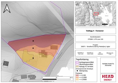 Kart over et område med skredfarezoner, topografi og bygningsplasseringer.