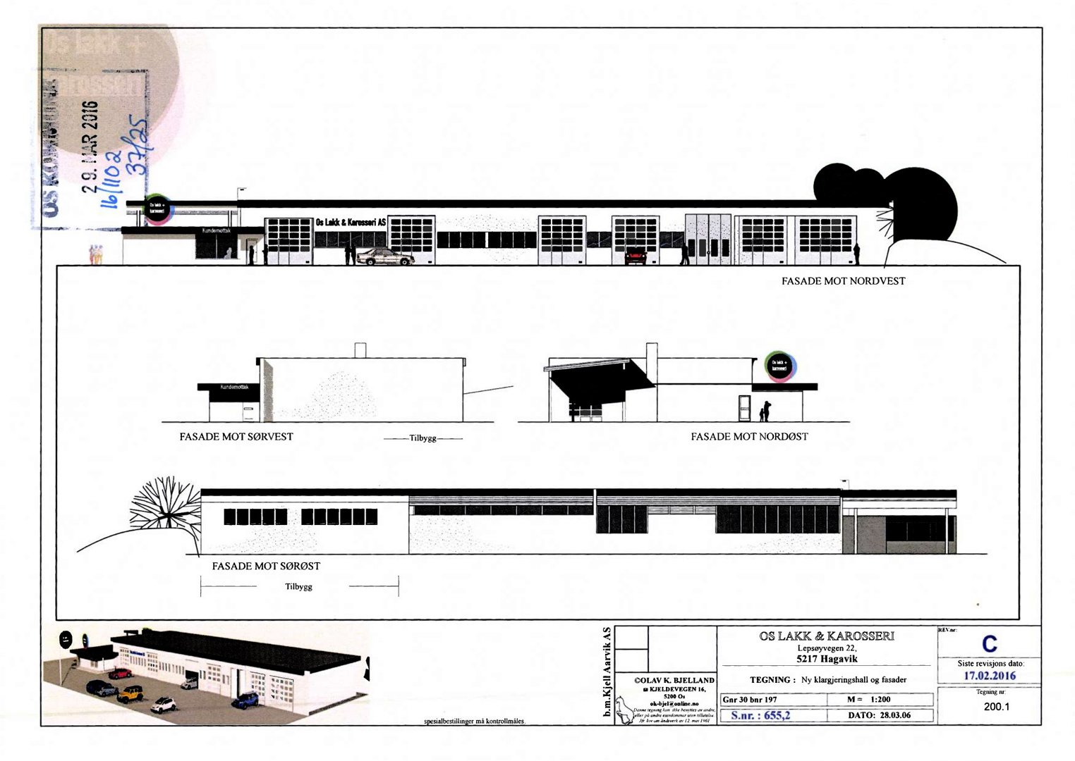 Fasadetegning som viser bygningens utsyn mot nordvest, sørvest, nordøst og sørøst, samt en 3D-visualisering nederst.