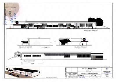 Fasadetegning som viser bygningens utsyn mot nordvest, sørvest, nordøst og sørøst, samt en 3D-visualisering nederst.