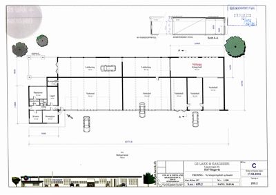 Etasjeplan (1. etasje) som viser romfordeling, dimensjoner og plassering av kjøretøy i en nybygget verkstedhall.