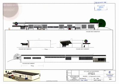 Fasadetegning som viser bygningens utseende fra fire ulike vinkler (Nordvest, Sørvest, Nordøst og Sørøst), samt en 3D-visualisering i bunnen.