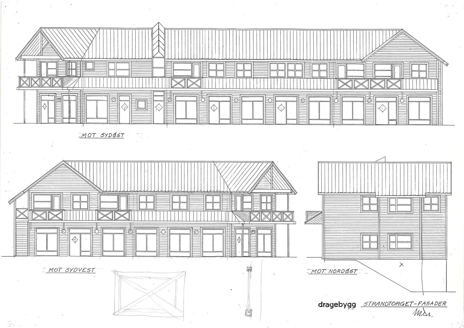 Tegning som viser fasadeoppsettet for en bygning sett fra fire ulike vinkler (mot sydøst, mot sydvest, mot nordøst og en sidefasade).