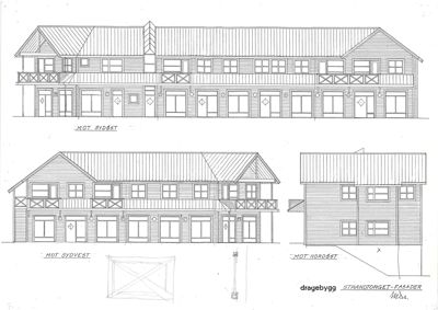 Tegning som viser fasadeoppsettet for en bygning sett fra fire ulike vinkler (mot sydøst, mot sydvest, mot nordøst og en sidefasade).