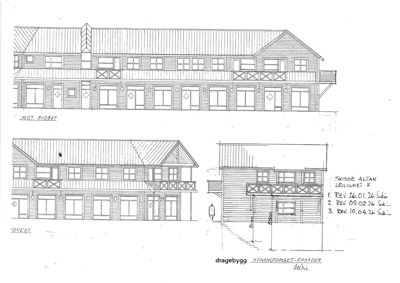 Fasadetegning som viser bygningens utseende fra tre ulike vinkler (mot sydøst, idvest og en sidevisning).