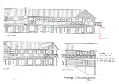 Fasadetegning som viser bygningens utseende fra tre ulike retninger (sydøst, vest og nordøst).