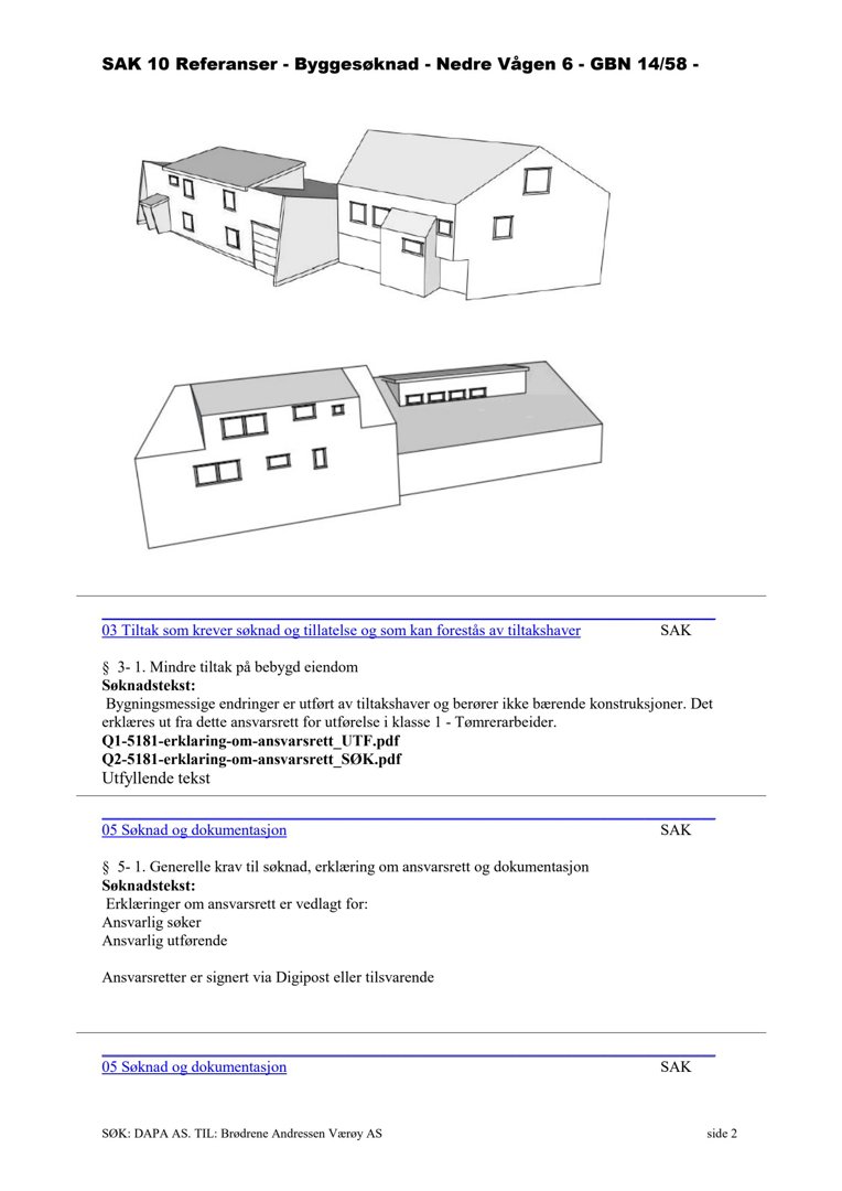 En 3D-visualisering (linjetegning) av en bygning sett fra to ulike vinkler, inkludert etasjeplaner og fasadeopprikk.