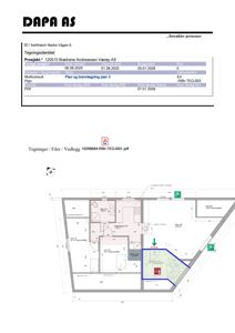 En plan og branntegning (plan 3) som viser romfordeling, mål og funksjoner for et leilighetsbygg.