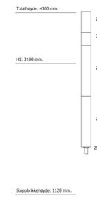 Tegning som viser detaljert høydeoppgave for en bygningsdel (sannsynligvis en vegg eller stolpe), med angitte mål for totalhøyde, H1 og stoppbrikkehøyde.