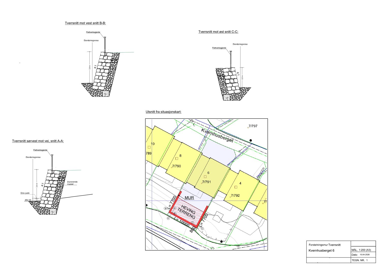 Tegning som viser tverrsnitt (snitt) av en hevingsterrang og en mur sett fra ulike vinkler (A-A, B-B, C-C), samt en situasjonsplan som viser plasseringen av terrangen i forhold til naboeiendommer.