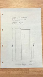 Håndtegnet fasadeopprikk (Nord) med mål og adresse.