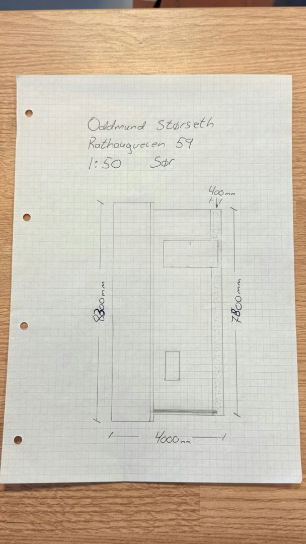 Håndtegnet fasadeopprikk (Sør) for en bygning på Rathaugveien 59, med angitte mål og vindusåpninger.