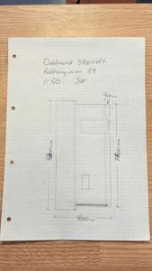 Håndtegnet fasadeopprikk (Sør) for en bygning på Rathaugveien 59, med angitte mål og vindusåpninger.