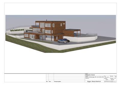 3D-visualisering (rendering) av en planlagt bygning sett fra øst (Perspektiv Sørøst), inkludert omgivelser og bilplassering.