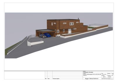 3D-visualisering (rendering) av en planlagt bygning med omgivende terreng, bilplass og heis.
