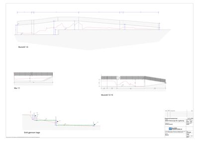 Snittegning som viser tverrsnitt gjennom en mur og terrengforhold (hage).