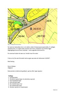 Bildet viser en side fra et saksdokument (saksutredning eller lignende) med en innlevert situasjonsplan som hovedinnhold, samt tekst om dispensasjonssøknad og vedleggsliste.