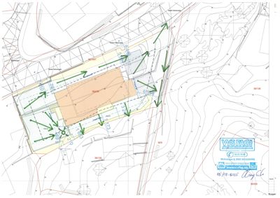 Situasjonsplan som viser tomtens form, høydemålerlinjer (konturlinjer), plassering av bygninger i forhold til tomtegrenser og vei, samt enkle retningssymboler.