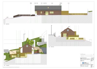 Fasadetegning som viser bygningens utseende fra tre ulike vinkler (Nord, Vest og Øst) med høydeangivelser.