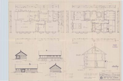 Tegningsside som viser etasjeplaner (PLAN 1. ETG, PLAN 2. ETG) og fasadeperspektiver (opp- og sideutsyn) av en bygning.