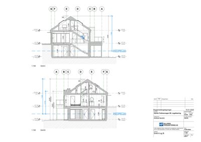 Snittegning (Snitt A og B) som viser tverrsnittet av en bolig med romfordeling, trapp og høydemål.