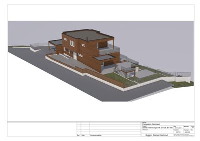 3D-visualisering (perspektiv) av en planlagt bygning sett fra nordvest.