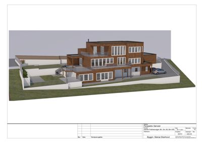 3D-visualisering (perspektiv) av et planlagt hus med omgivelser, inkludert terreng, vegger og bil.
