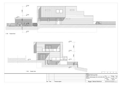 Tegning som viser fasadeopprikk for en bygning sett fra nord og vest, med mål og detaljer.
