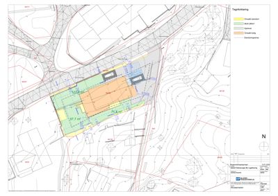 Situasjonsplan som viser tomtens beliggenhet, omgivelser, høydemålerlinjer og arealoppdelinger.