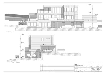 Fasadetegning som viser bygningens utseende fra sør og øst med mål og detaljer.