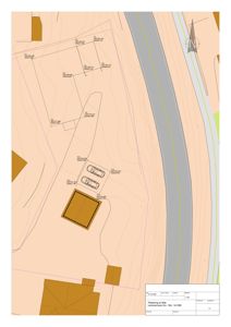 Situasjonsplan som viser tomtens form, høydeforhold (konturlinjer), nabogranser, veier og plassering av bygninger og parkeringsplasser.