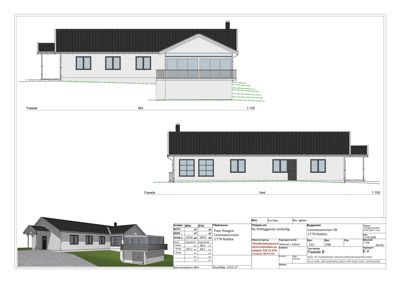 Fasadetegning som viser bygningens utseende fra tre ulike vinkler (Øst, Vest og B-fasade).