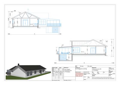 Snittegning av en frittliggende enebolig med mål og detaljer.