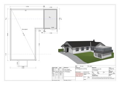 3D-visualisering av et hus med tilhørende situasjonsplan og teknisk informasjon