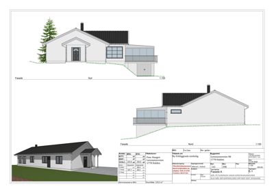 Fasadetegning av en nybygd enebolig med to utsikter (frem og side), inkludert målestokk og teknisk informasjonsskjema.