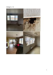 Fotografier av en boliginteriør, inkludert et skadet gulv og vinduer.