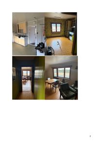 Fotografier av et eksisterende husinteriør, som viser kjøkken og stue med møbler.